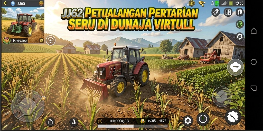 Screenshot utama JJ62 menampilkan suasana gameplay bertani yang interaktif.