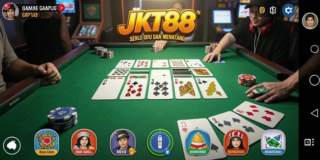 Screenshot utama JKT88 menampilkan gameplay seru Gaple yang interaktif.