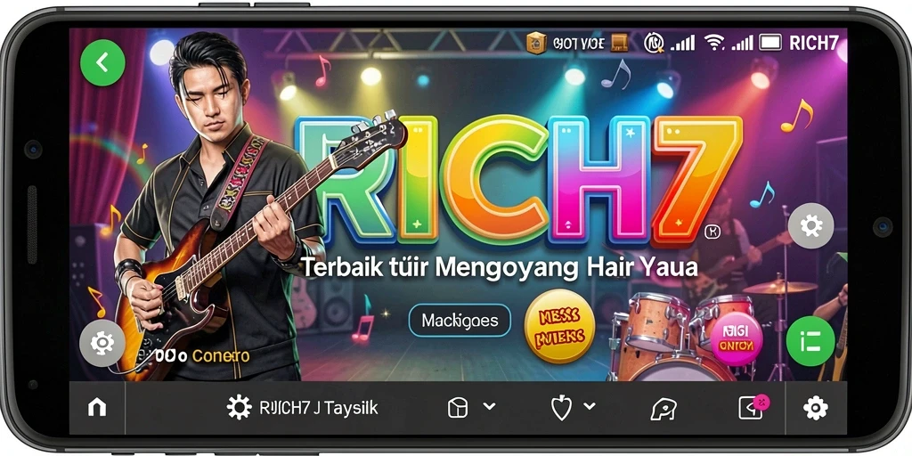 Screenshot gameplay RICH7 dengan tampilan interaksi musik yang beragam.