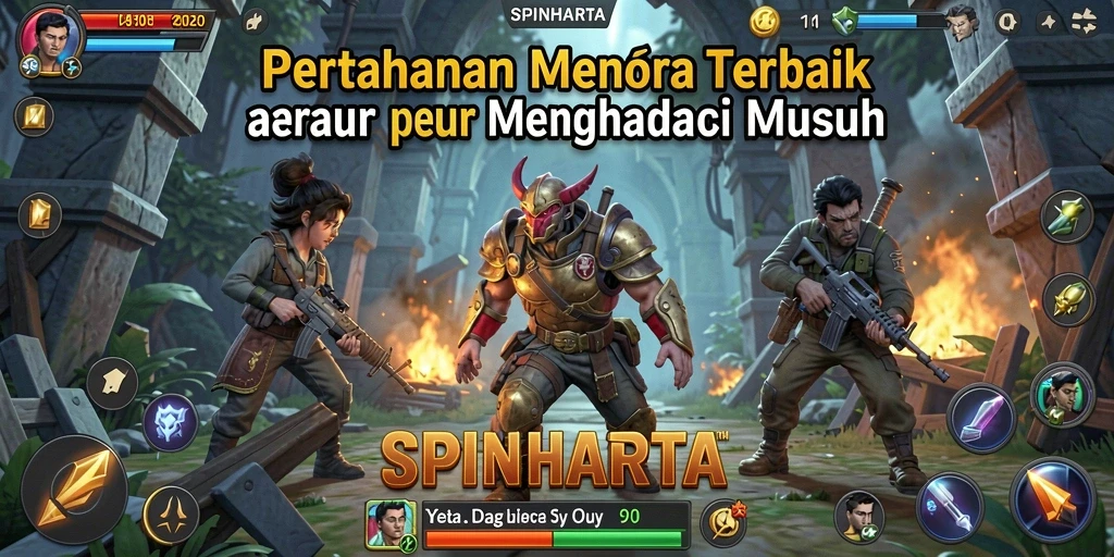 Tangkapan layar gameplay SPINHARTA menampilkan aksi pertahanan menara yang mendebarkan.